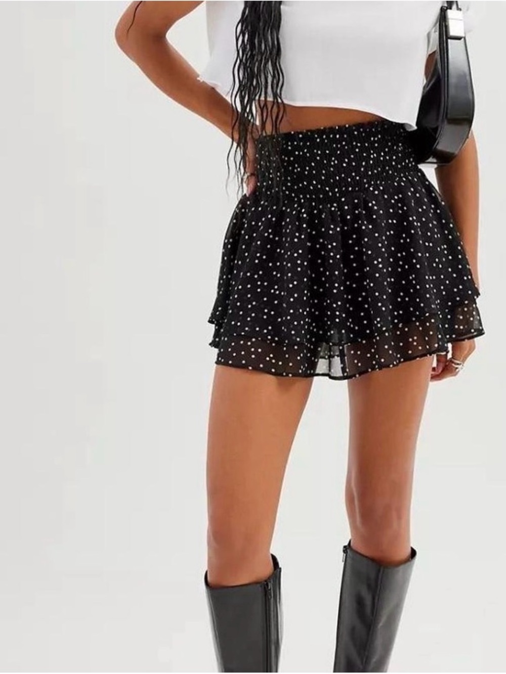 Black Urban Outfitters UO Ciara Flowy Printed Skort With Polka Dots.